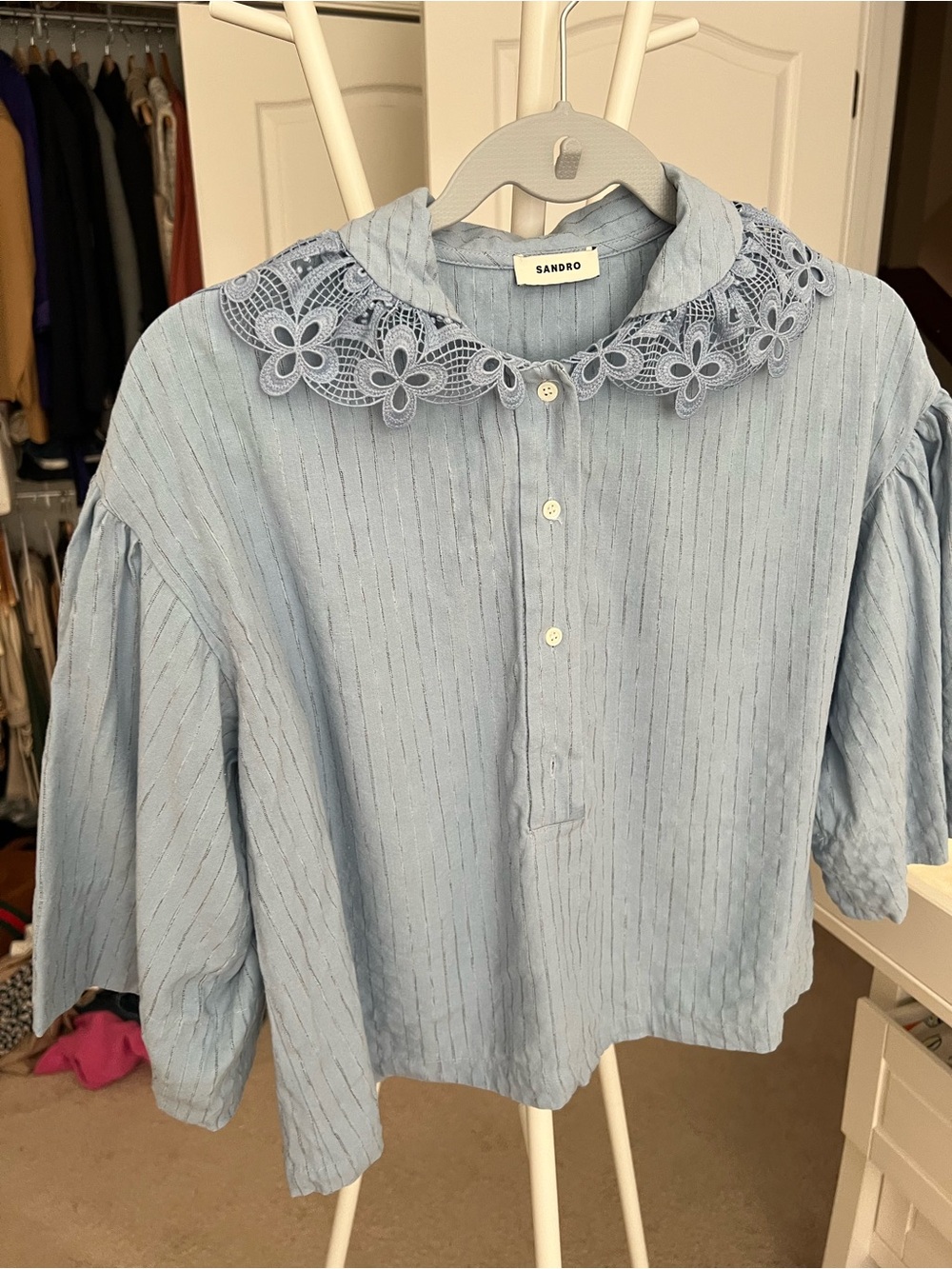 Sandro Light Blue Girls' Lace Collar Button-Front Blouse